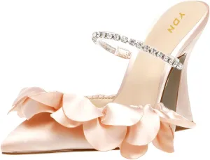 YDN Women Diamond Studded Strap Mules Elegant Ruffled Block High Heels Pointed Toe Spool Heel Sandals Wedding Party Prom Shoes Size 4-15 US
