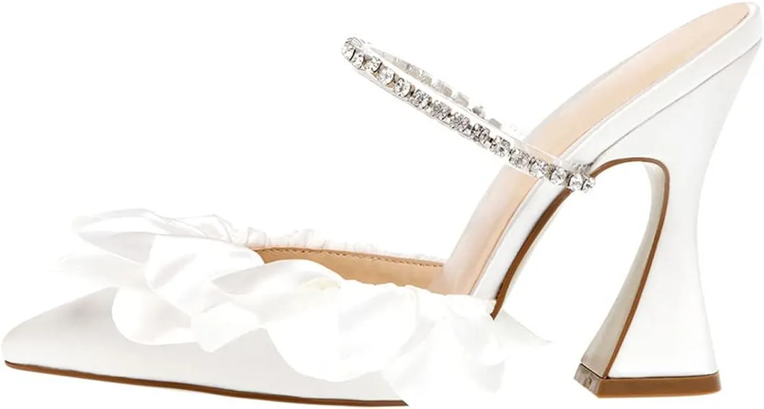 YDN Women Diamond Studded Strap Mules Elegant Ruffled Block High Heels Pointed Toe Spool Heel Sandals Wedding Party Prom Shoes Size 4-15 US