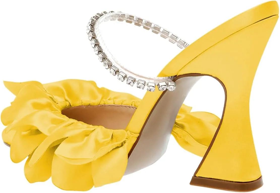 YDN Women Diamond Studded Strap Mules Elegant Ruffled Block High Heels Pointed Toe Spool Heel Sandals Wedding Party Prom Shoes Size 4-15 US