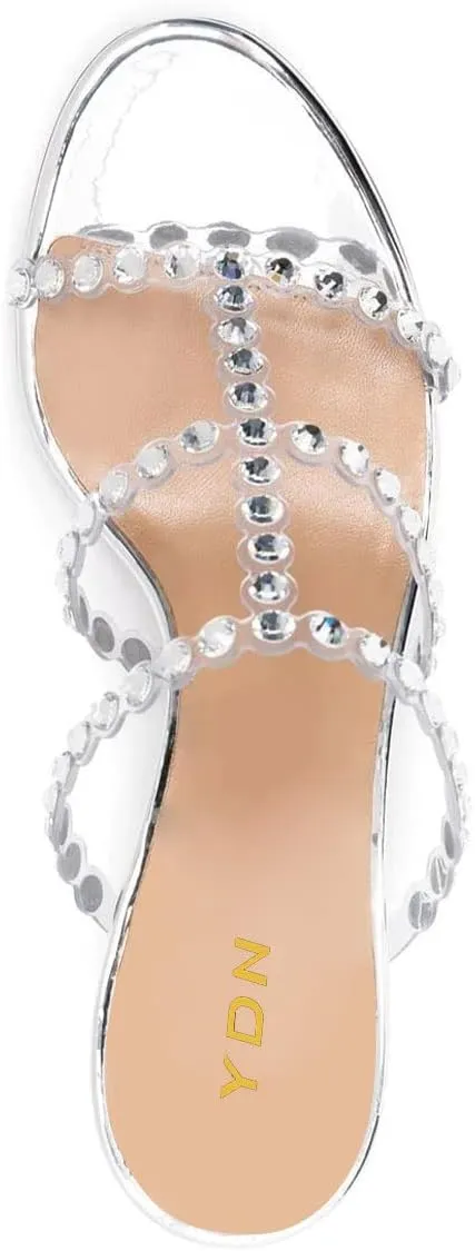 YDN Women Open Toe Pearl Mules Block Chunky Mid Heel Sandals Studded Slip on Casual Dressy Outfit Shoes Size 4-15 US