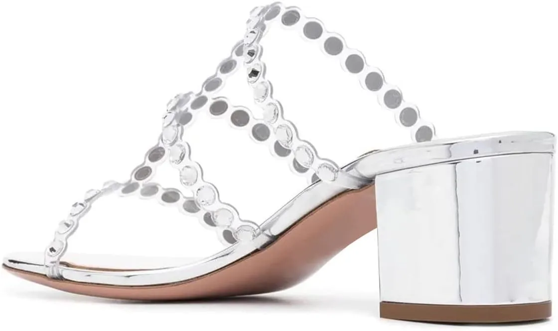 YDN Women Open Toe Pearl Mules Block Chunky Mid Heel Sandals Studded Slip on Casual Dressy Outfit Shoes Size 4-15 US