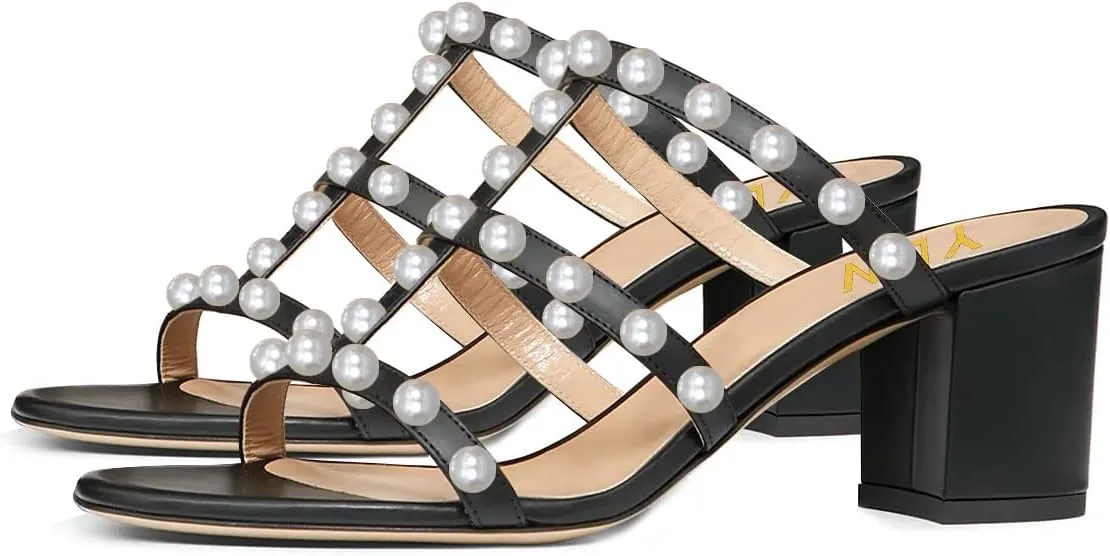 YDN Women Open Toe Pearl Mules Block Chunky Mid Heel Sandals Studded Slip on Casual Dressy Outfit Shoes Size 4-15 US
