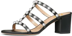 YDN Women Open Toe Pearl Mules Block Chunky Mid Heel Sandals Studded Slip on Casual Dressy Outfit Shoes Size 4-15 US
