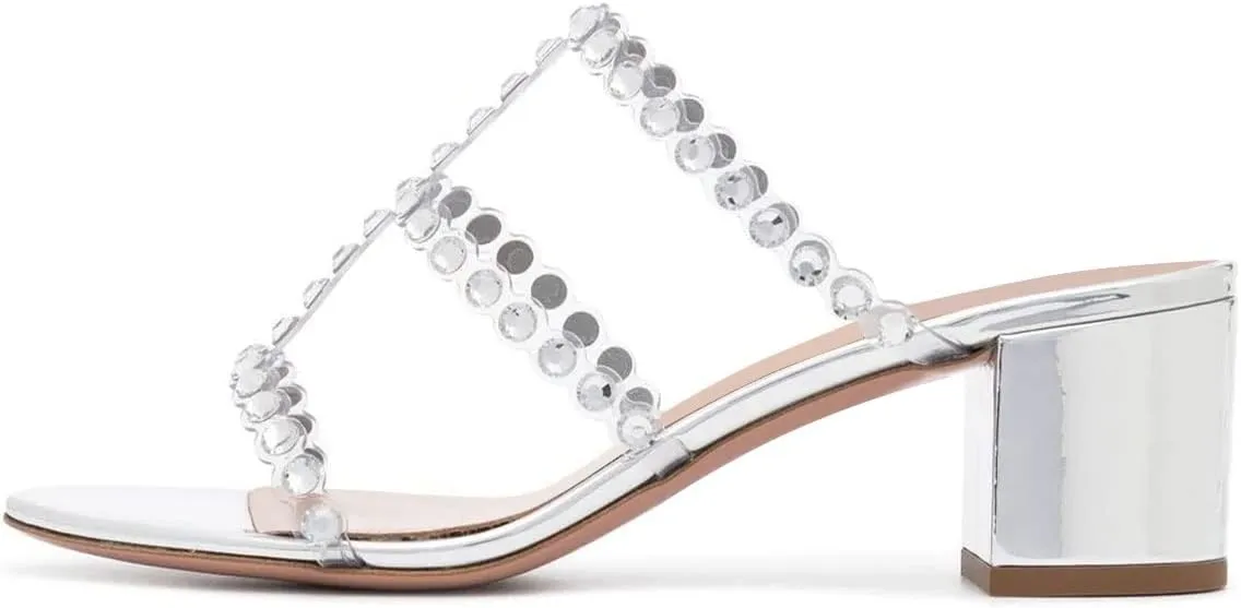 YDN Women Open Toe Pearl Mules Block Chunky Mid Heel Sandals Studded Slip on Casual Dressy Outfit Shoes Size 4-15 US