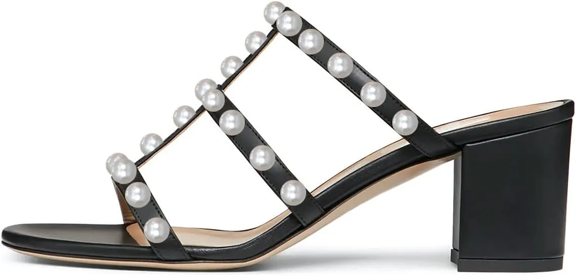 YDN Women Open Toe Pearl Mules Block Chunky Mid Heel Sandals Studded Slip on Casual Dressy Outfit Shoes Size 4-15 US