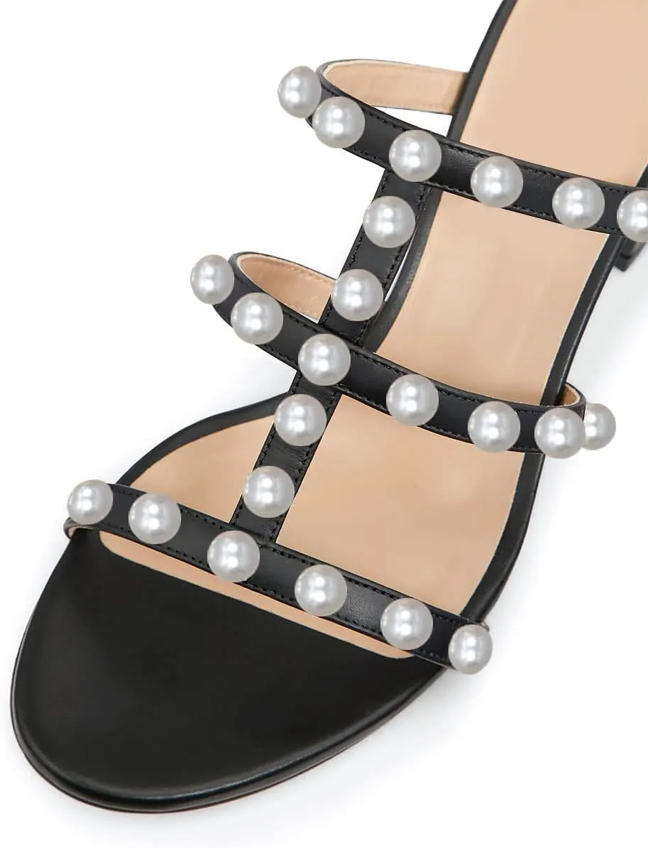 YDN Women Open Toe Pearl Mules Block Chunky Mid Heel Sandals Studded Slip on Casual Dressy Outfit Shoes Size 4-15 US