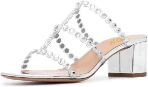 YDN Women Open Toe Pearl Mules Block Chunky Mid Heel Sandals Studded Slip on Casual Dressy Outfit Shoes Size 4-15 US