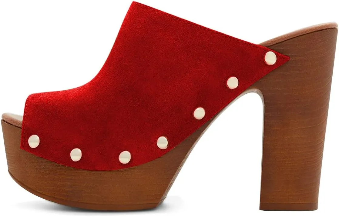 YDN Women Peep Toe Studded Mules Platform Chunky High Heel Sandals Slip on Dressy Outfit Casual Shoes Size 4-15 US