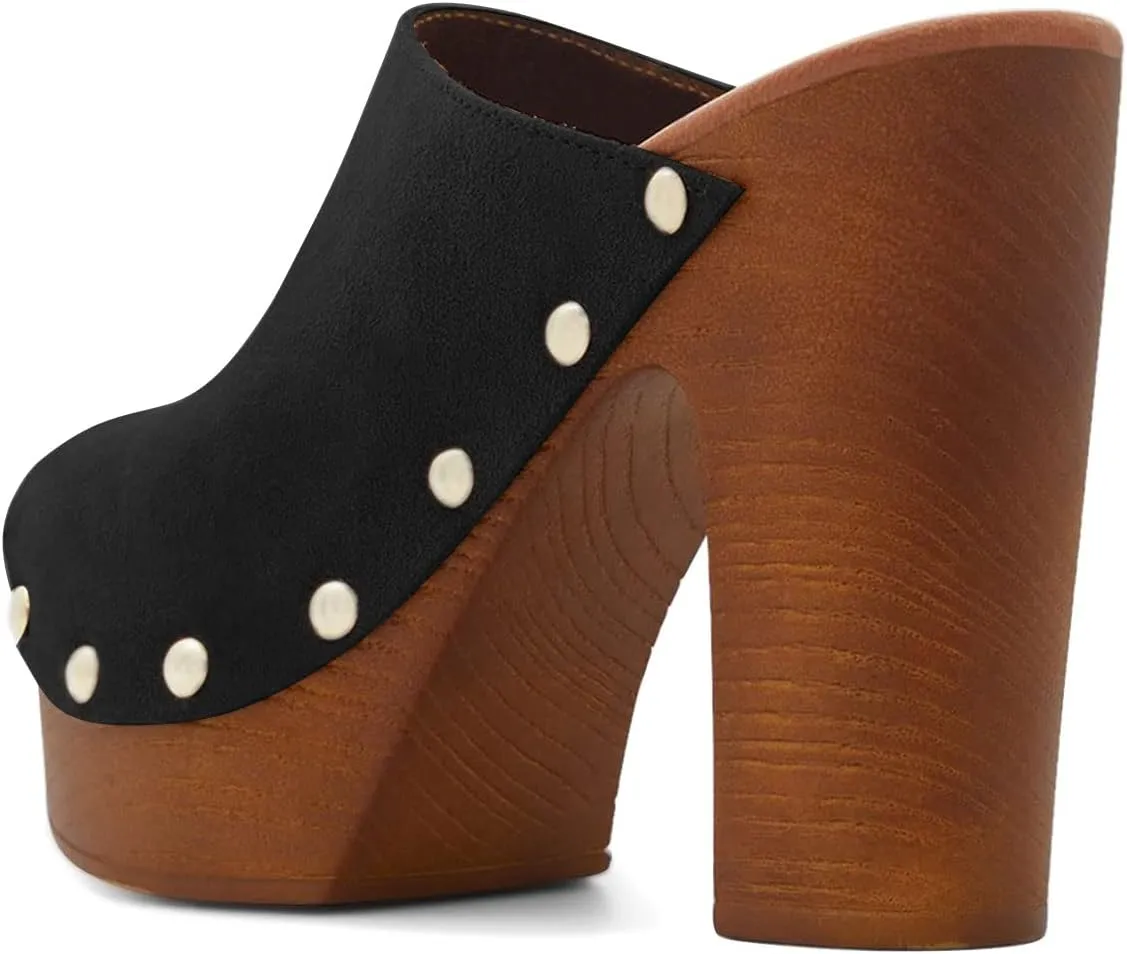 YDN Women Peep Toe Studded Mules Platform Chunky High Heel Sandals Slip on Dressy Outfit Casual Shoes Size 4-15 US