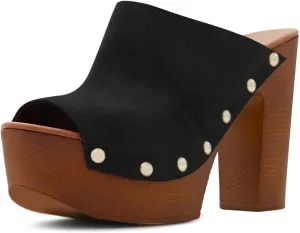 YDN Women Peep Toe Studded Mules Platform Chunky High Heel Sandals Slip on Dressy Outfit Casual Shoes Size 4-15 US