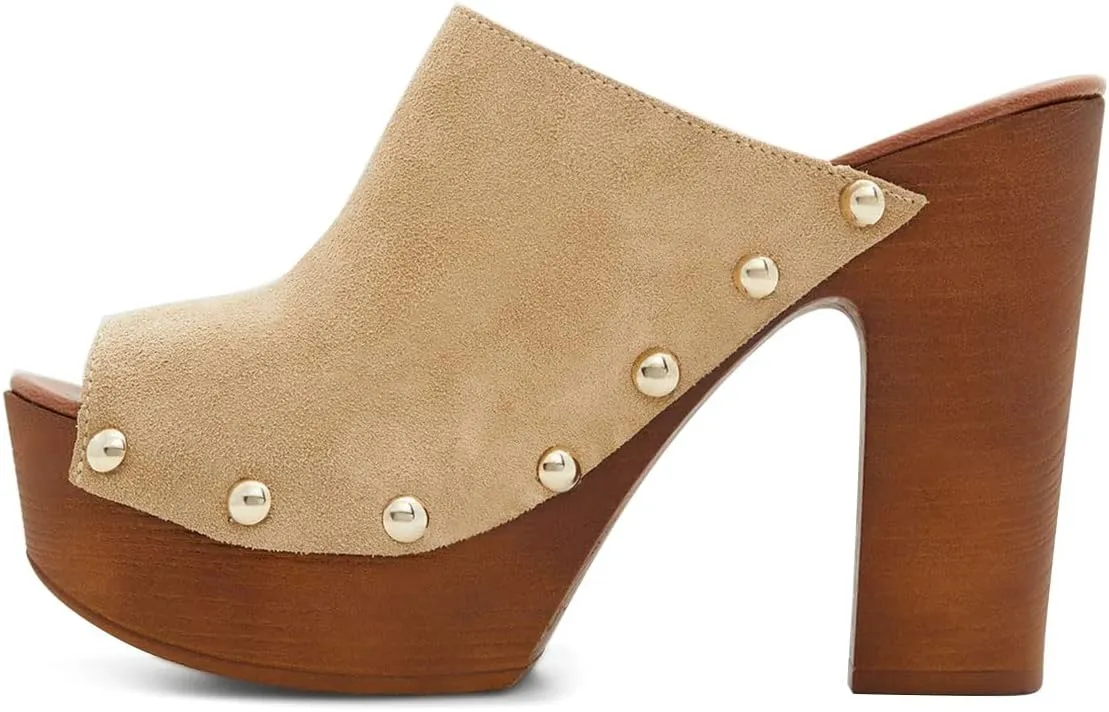 YDN Women Peep Toe Studded Mules Platform Chunky High Heel Sandals Slip on Dressy Outfit Casual Shoes Size 4-15 US