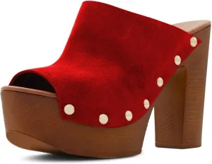 YDN Women Peep Toe Studded Mules Platform Chunky High Heel Sandals Slip on Dressy Outfit Casual Shoes Size 4-15 US