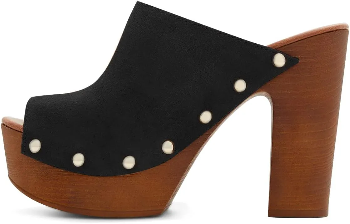 YDN Women Peep Toe Studded Mules Platform Chunky High Heel Sandals Slip on Dressy Outfit Casual Shoes Size 4-15 US