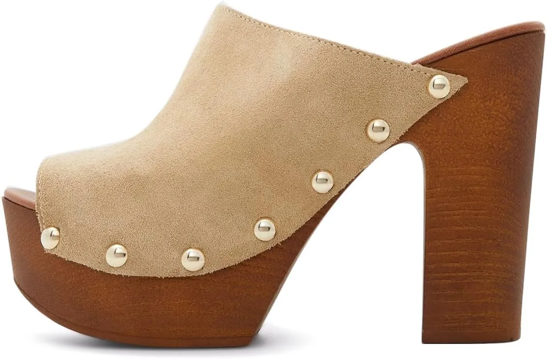 YDN Women Peep Toe Studded Mules Platform Chunky High Heel Sandals Slip on Dressy Outfit Casual Shoes Size 4-15 US