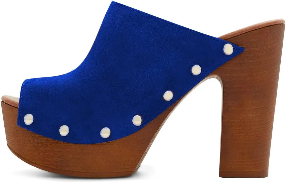 YDN Women Peep Toe Studded Mules Platform Chunky High Heel Sandals Slip on Dressy Outfit Casual Shoes Size 4-15 US