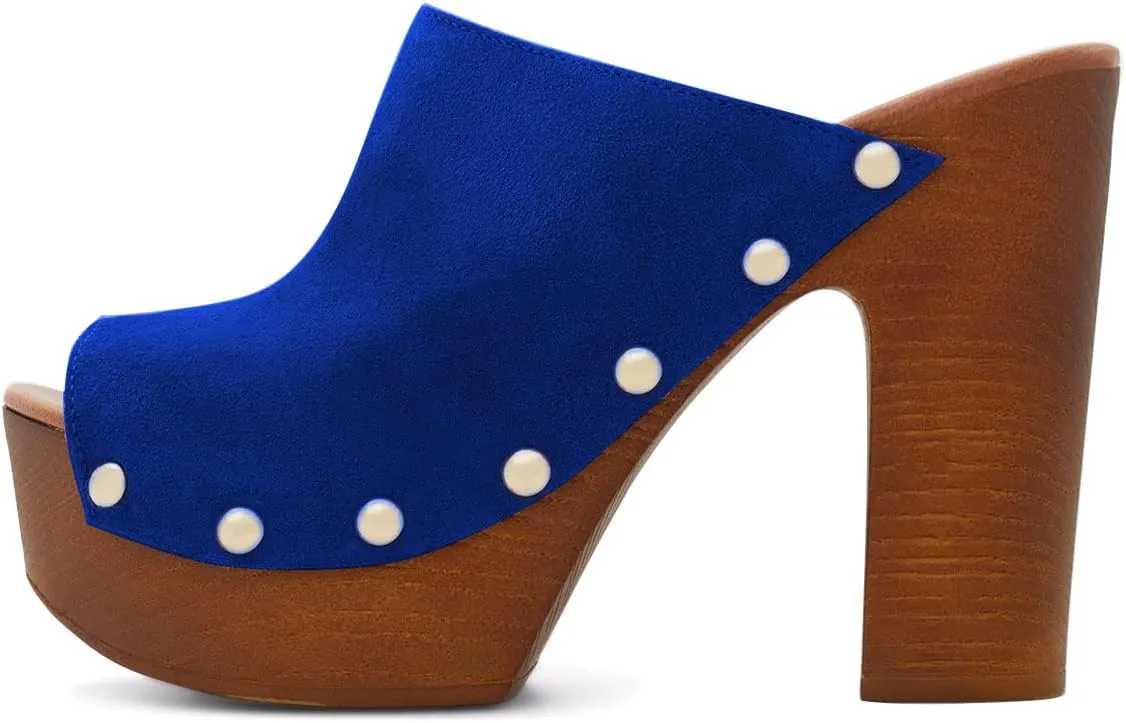 YDN Women Peep Toe Studded Mules Platform Chunky High Heel Sandals Slip on Dressy Outfit Casual Shoes Size 4-15 US