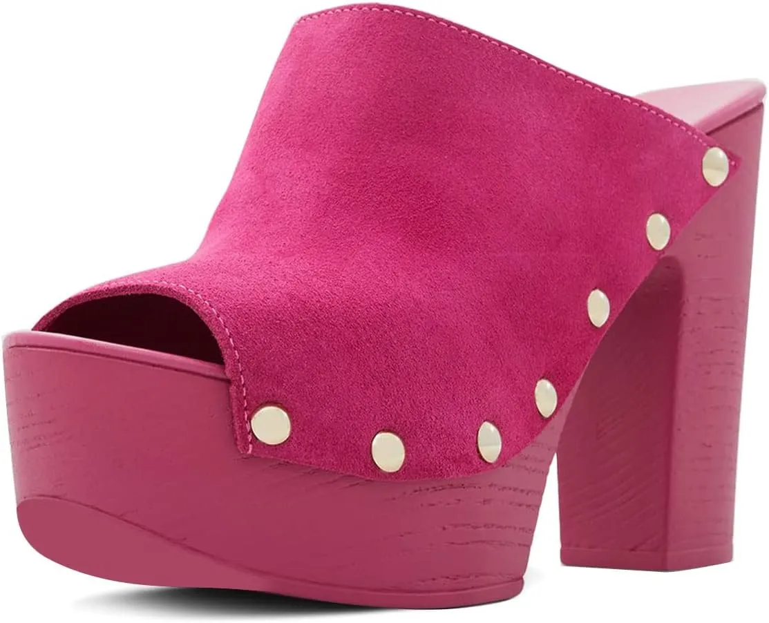 YDN Women Peep Toe Studded Mules Platform Chunky High Heel Sandals Slip on Dressy Outfit Casual Shoes Size 4-15 US