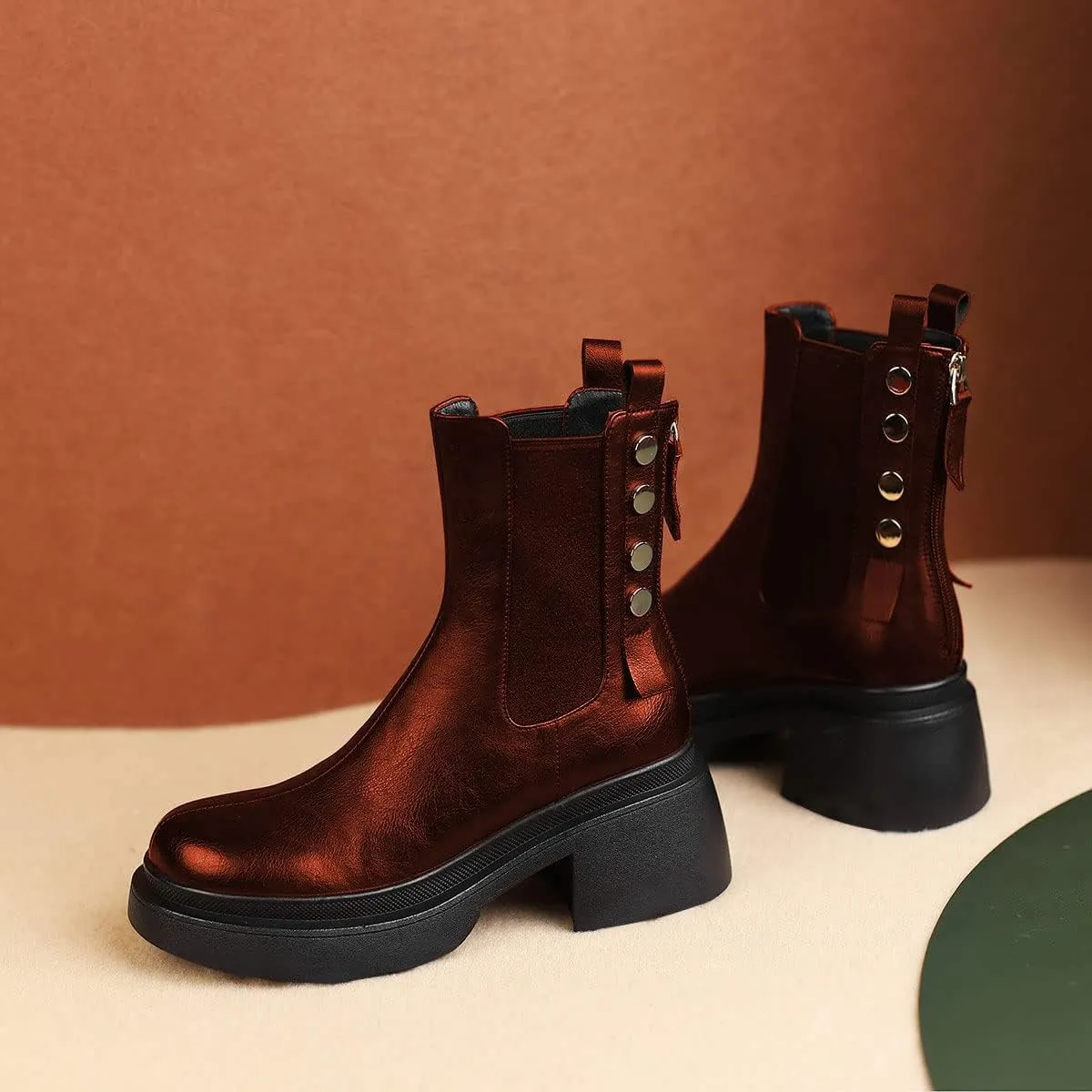 YDN Women Platform Round Toe Elastic Ankle Boots Rivet Studded Block Low Heel Booties Back Zipper Outdoor Shoes Size 4-15 US