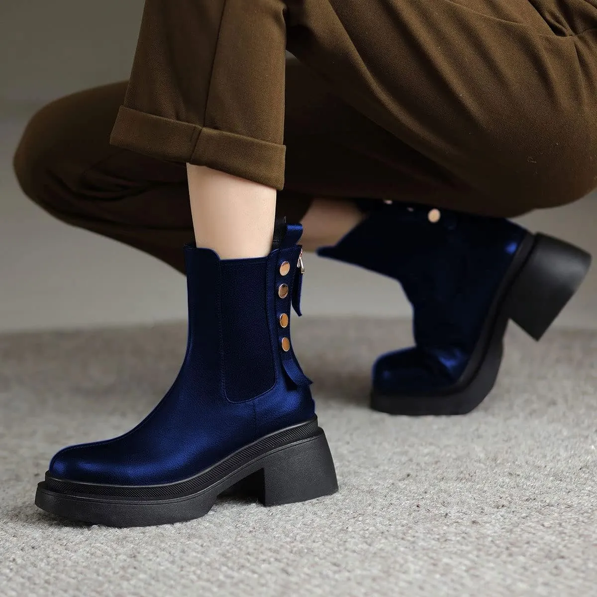 YDN Women Platform Round Toe Elastic Ankle Boots Rivet Studded Block Low Heel Booties Back Zipper Outdoor Shoes Size 4-15 US