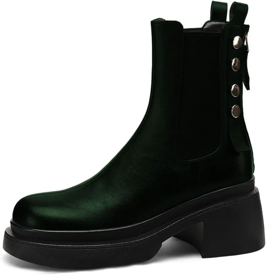 YDN Women Platform Round Toe Elastic Ankle Boots Rivet Studded Block Low Heel Booties Back Zipper Outdoor Shoes Size 4-15 US