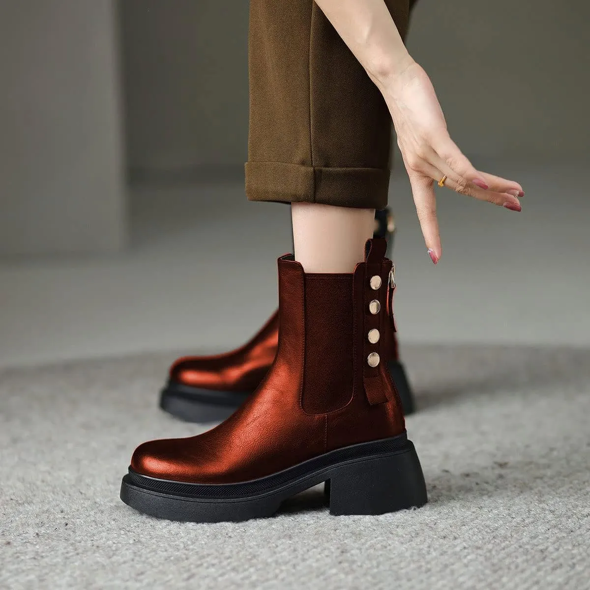 YDN Women Platform Round Toe Elastic Ankle Boots Rivet Studded Block Low Heel Booties Back Zipper Outdoor Shoes Size 4-15 US