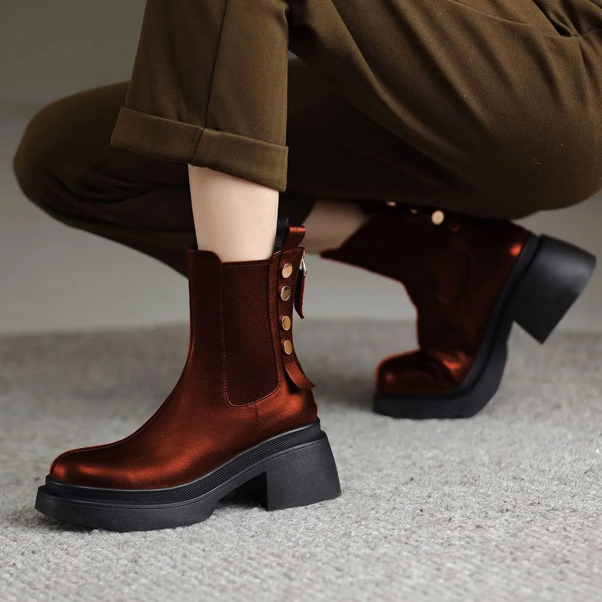 YDN Women Platform Round Toe Elastic Ankle Boots Rivet Studded Block Low Heel Booties Back Zipper Outdoor Shoes Size 4-15 US