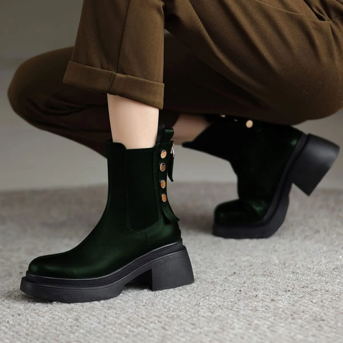 YDN Women Platform Round Toe Elastic Ankle Boots Rivet Studded Block Low Heel Booties Back Zipper Outdoor Shoes Size 4-15 US