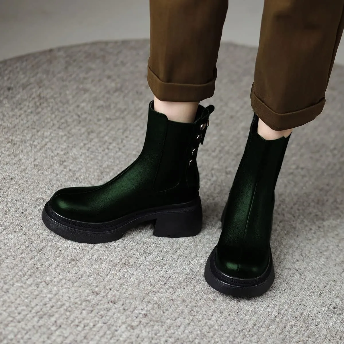 YDN Women Platform Round Toe Elastic Ankle Boots Rivet Studded Block Low Heel Booties Back Zipper Outdoor Shoes Size 4-15 US