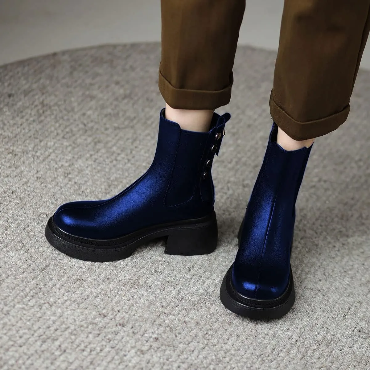 YDN Women Platform Round Toe Elastic Ankle Boots Rivet Studded Block Low Heel Booties Back Zipper Outdoor Shoes Size 4-15 US