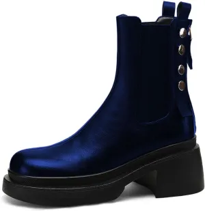 YDN Women Platform Round Toe Elastic Ankle Boots Rivet Studded Block Low Heel Booties Back Zipper Outdoor Shoes Size 4-15 US