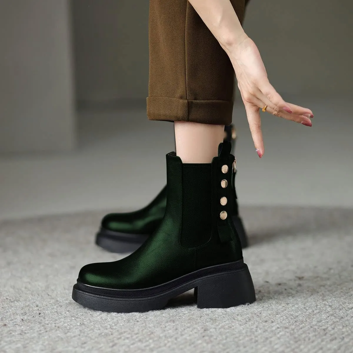 YDN Women Platform Round Toe Elastic Ankle Boots Rivet Studded Block Low Heel Booties Back Zipper Outdoor Shoes Size 4-15 US