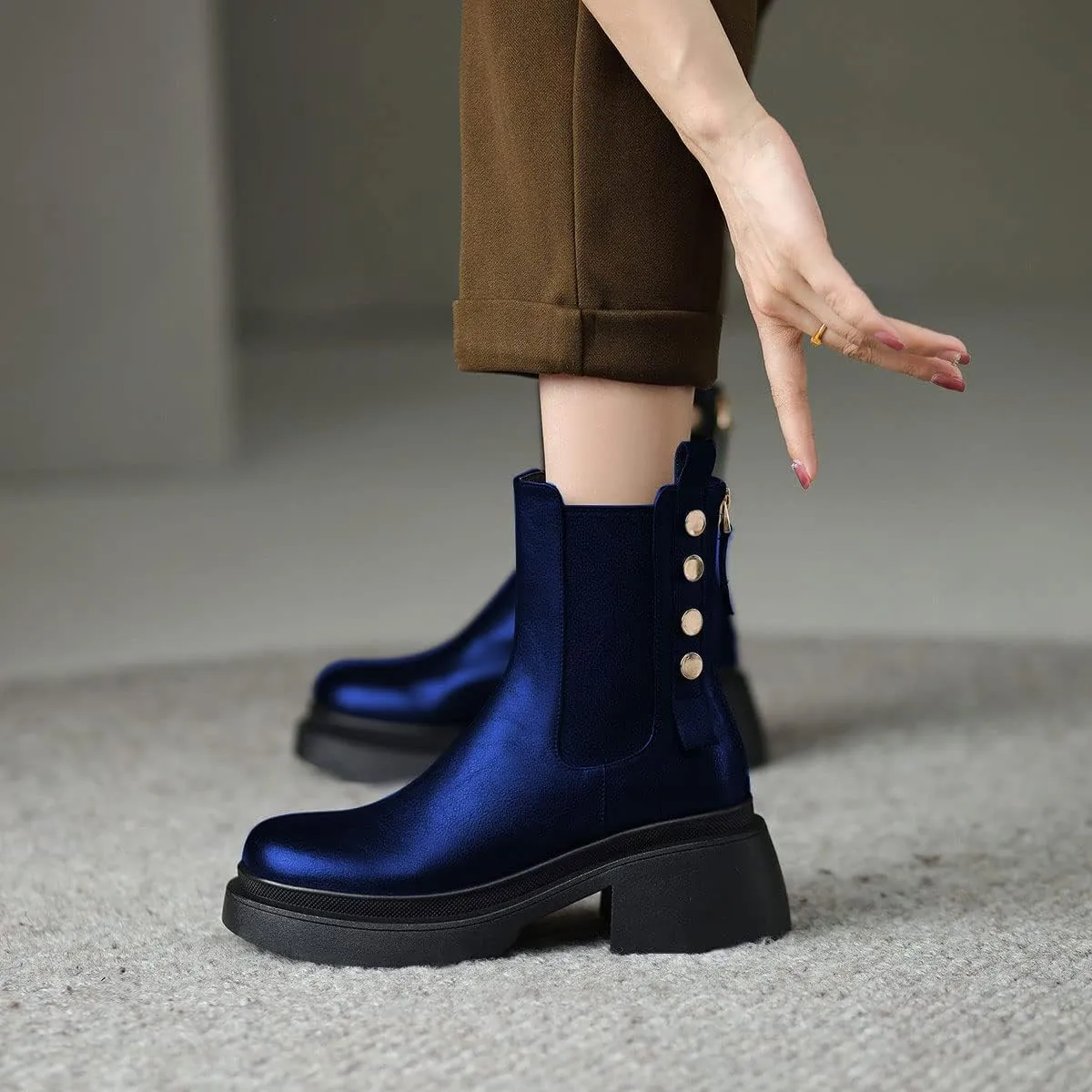 YDN Women Platform Round Toe Elastic Ankle Boots Rivet Studded Block Low Heel Booties Back Zipper Outdoor Shoes Size 4-15 US