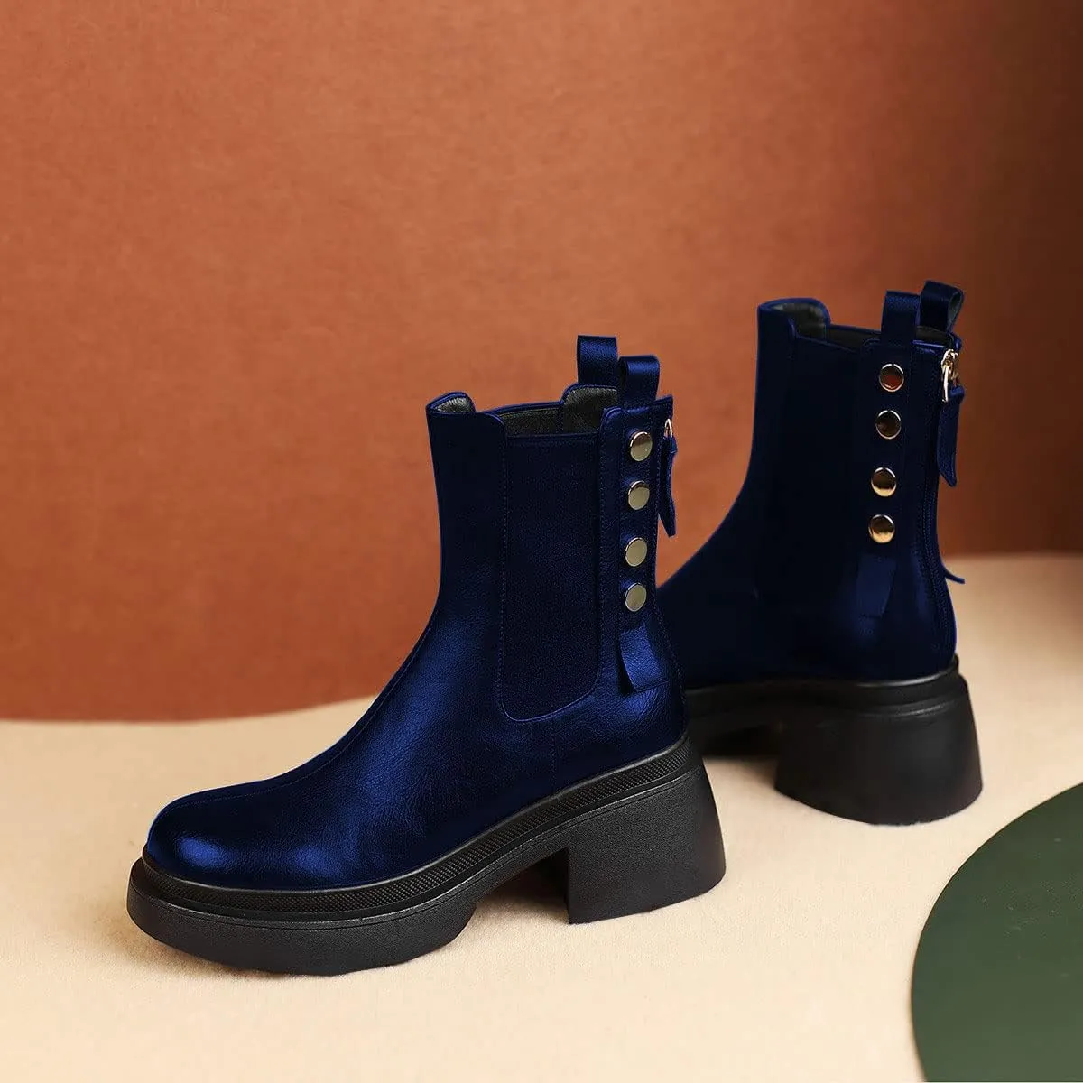 YDN Women Platform Round Toe Elastic Ankle Boots Rivet Studded Block Low Heel Booties Back Zipper Outdoor Shoes Size 4-15 US