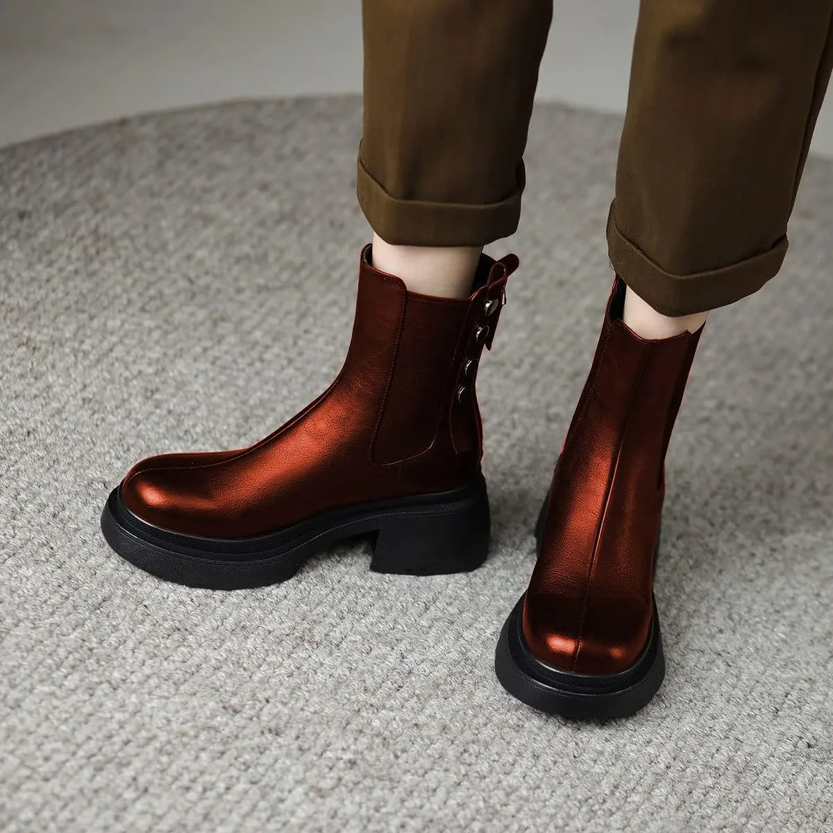 YDN Women Platform Round Toe Elastic Ankle Boots Rivet Studded Block Low Heel Booties Back Zipper Outdoor Shoes Size 4-15 US