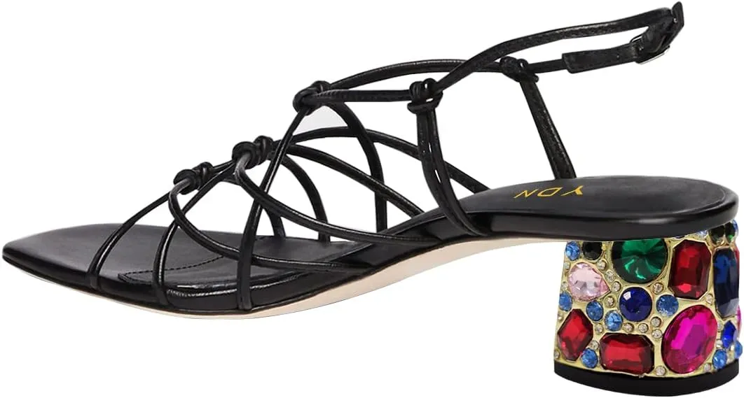 YDN Women Strappy Knot Square Toe Sandals Rhinestone Studded Chunky Low Heel Slingbacks Fashion Show Evening Club Shoes Size 4-15 US