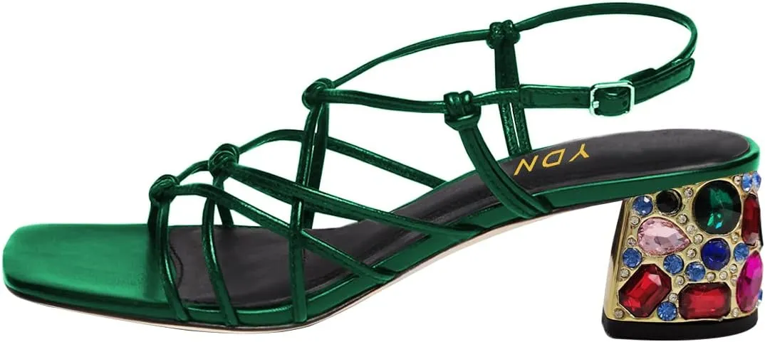 YDN Women Strappy Knot Square Toe Sandals Rhinestone Studded Chunky Low Heel Slingbacks Fashion Show Evening Club Shoes Size 4-15 US