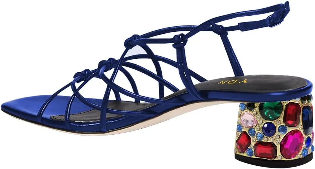 YDN Women Strappy Knot Square Toe Sandals Rhinestone Studded Chunky Low Heel Slingbacks Fashion Show Evening Club Shoes Size 4-15 US