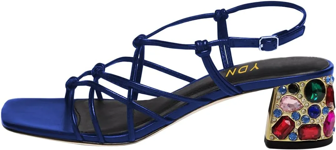 YDN Women Strappy Knot Square Toe Sandals Rhinestone Studded Chunky Low Heel Slingbacks Fashion Show Evening Club Shoes Size 4-15 US