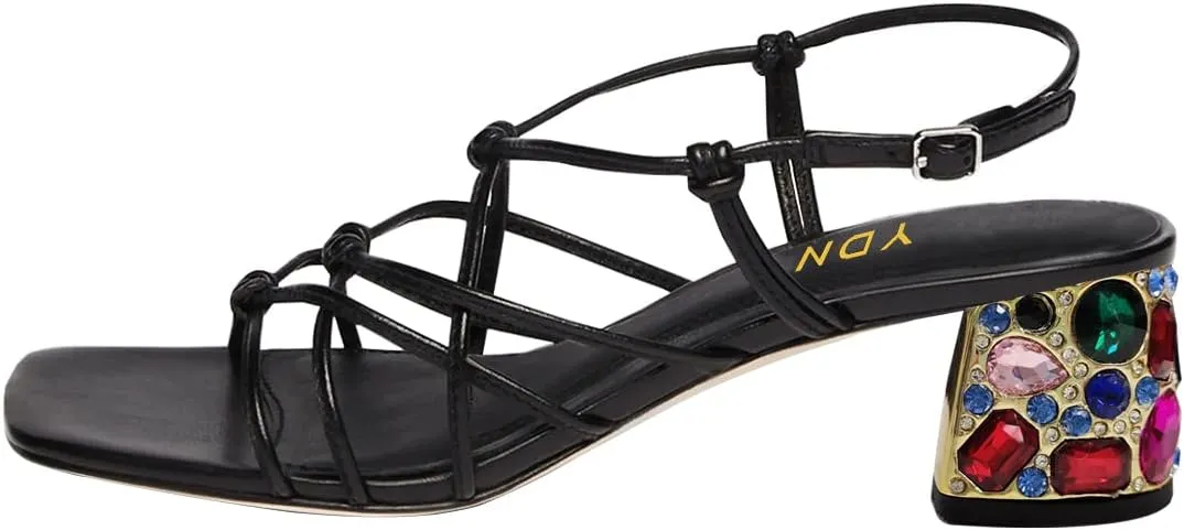 YDN Women Strappy Knot Square Toe Sandals Rhinestone Studded Chunky Low Heel Slingbacks Fashion Show Evening Club Shoes Size 4-15 US