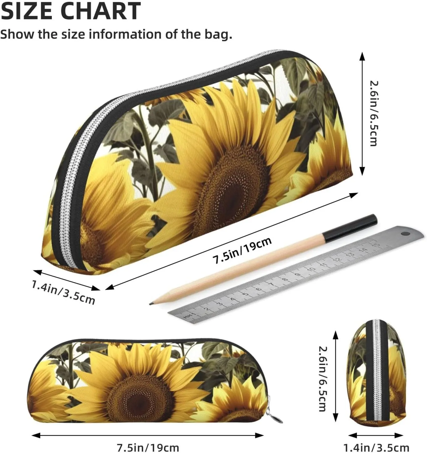 Yellow Sunflower Floral Makeup Bag for Women Men Large Pencil Case Aesthetic Pencil Pouch Coin Pouch Leather Cosmetic Bag with Zipper Office Organizer Travel Essentials