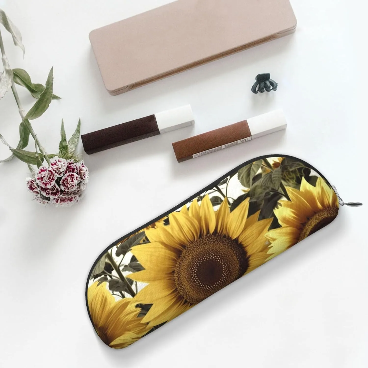 Yellow Sunflower Floral Makeup Bag for Women Men Large Pencil Case Aesthetic Pencil Pouch Coin Pouch Leather Cosmetic Bag with Zipper Office Organizer Travel Essentials