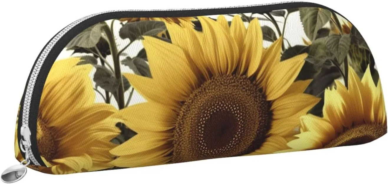 Yellow Sunflower Floral Makeup Bag for Women Men Large Pencil Case Aesthetic Pencil Pouch Coin Pouch Leather Cosmetic Bag with Zipper Office Organizer Travel Essentials