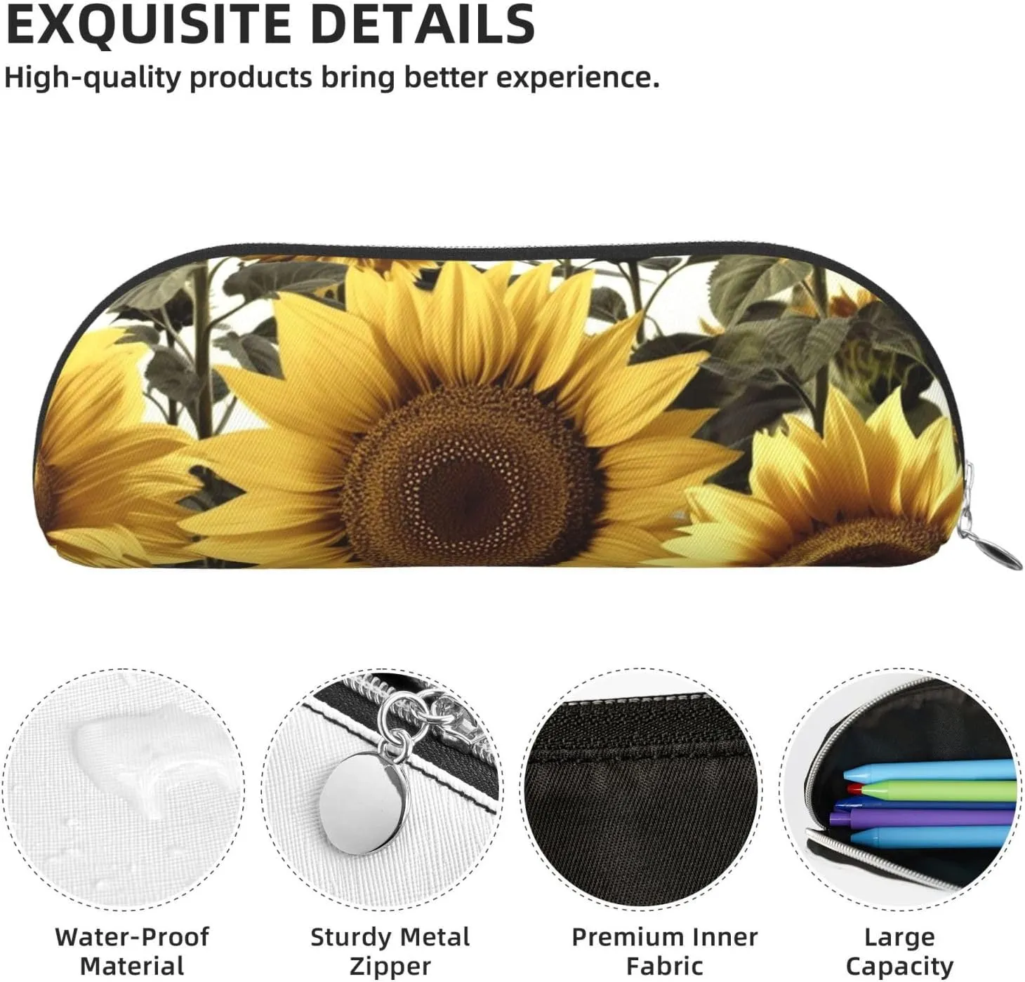 Yellow Sunflower Floral Makeup Bag for Women Men Large Pencil Case Aesthetic Pencil Pouch Coin Pouch Leather Cosmetic Bag with Zipper Office Organizer Travel Essentials