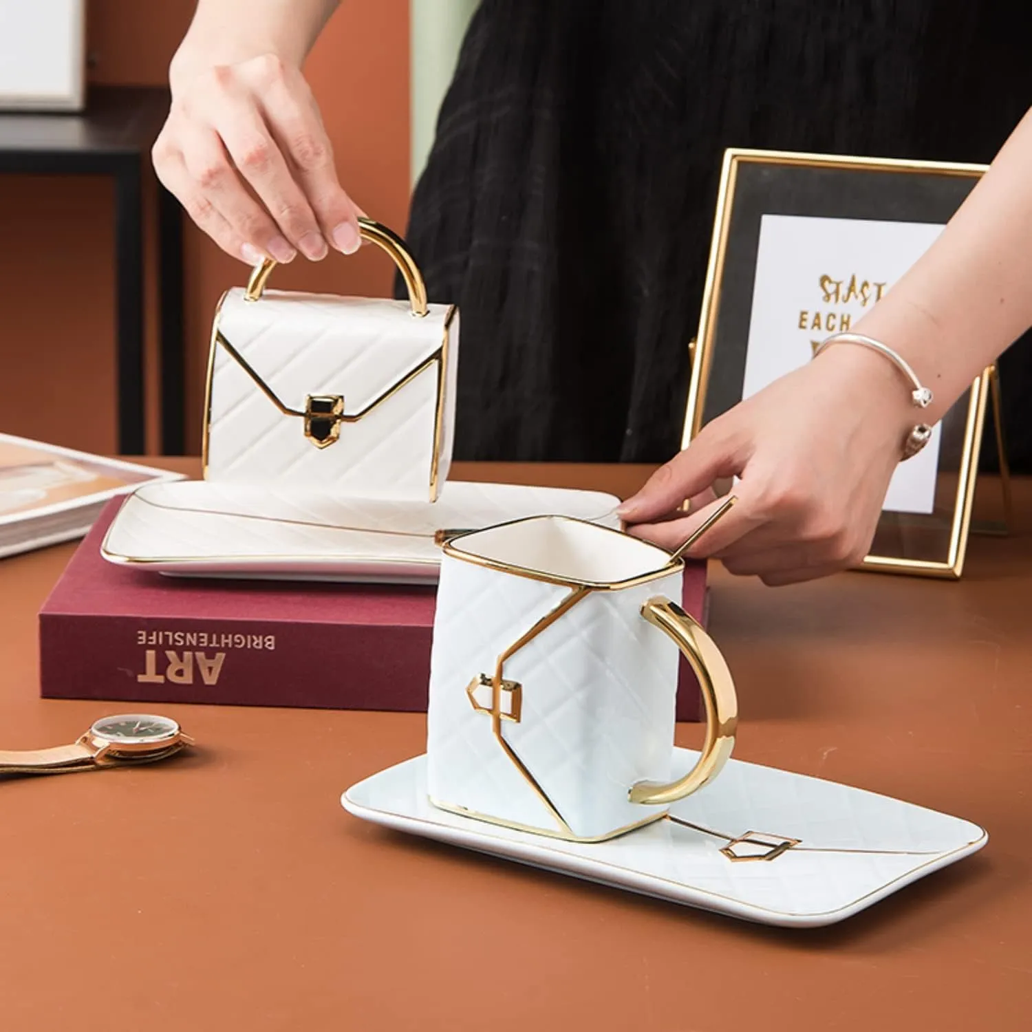 YnsfreeCeramic Purse Coffee Mugs Set Tea Cup Unique Bag shaped mug and Saucer Set with Spoon and Saucer For Women Mother's Day Christmas Gifts (Set of 4)