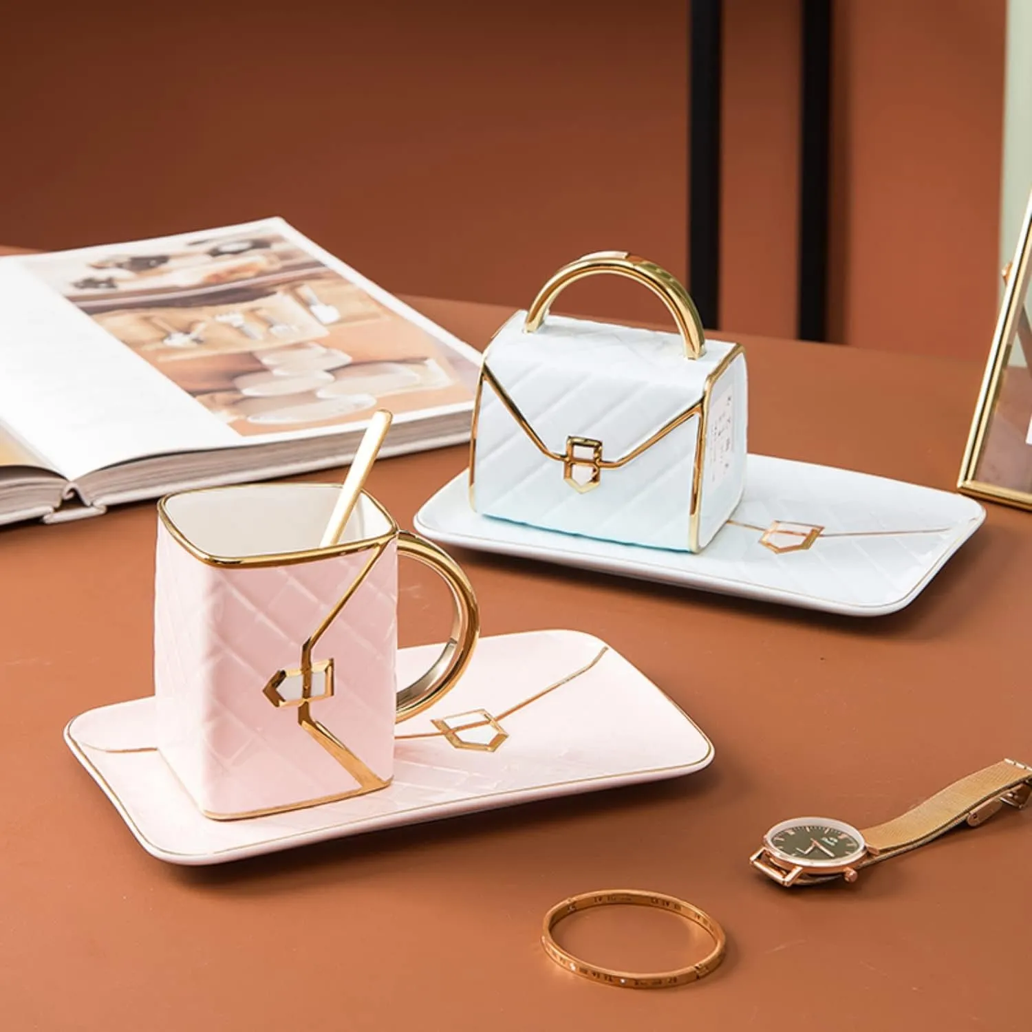 YnsfreeCeramic Purse Coffee Mugs Set Tea Cup Unique Bag shaped mug and Saucer Set with Spoon and Saucer For Women Mother's Day Christmas Gifts (Set of 4)