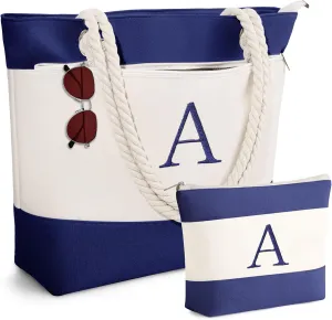 YOOLIFE Beach Bags for Women - Initial Canvas Tote Waterproof Bag with Makeup Bag Gifts for Women Mom Friend Birthday Her