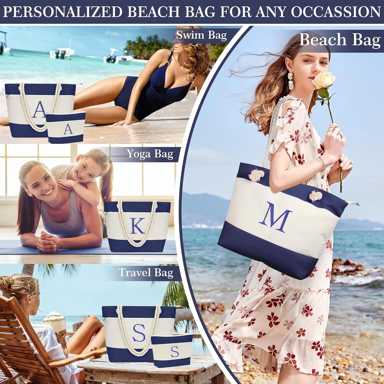 YOOLIFE Beach Bags for Women - Initial Canvas Tote Waterproof Bag with Makeup Bag Gifts for Women Mom Friend Birthday Her