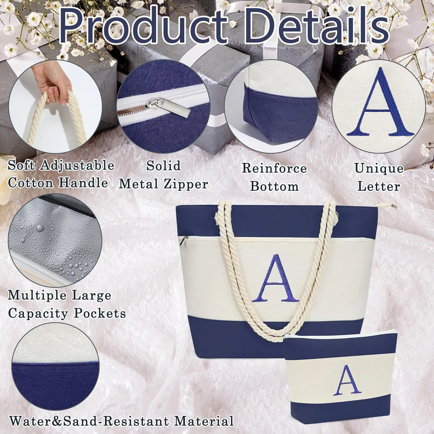 YOOLIFE Beach Bags for Women - Initial Canvas Tote Waterproof Bag with Makeup Bag Gifts for Women Mom Friend Birthday Her