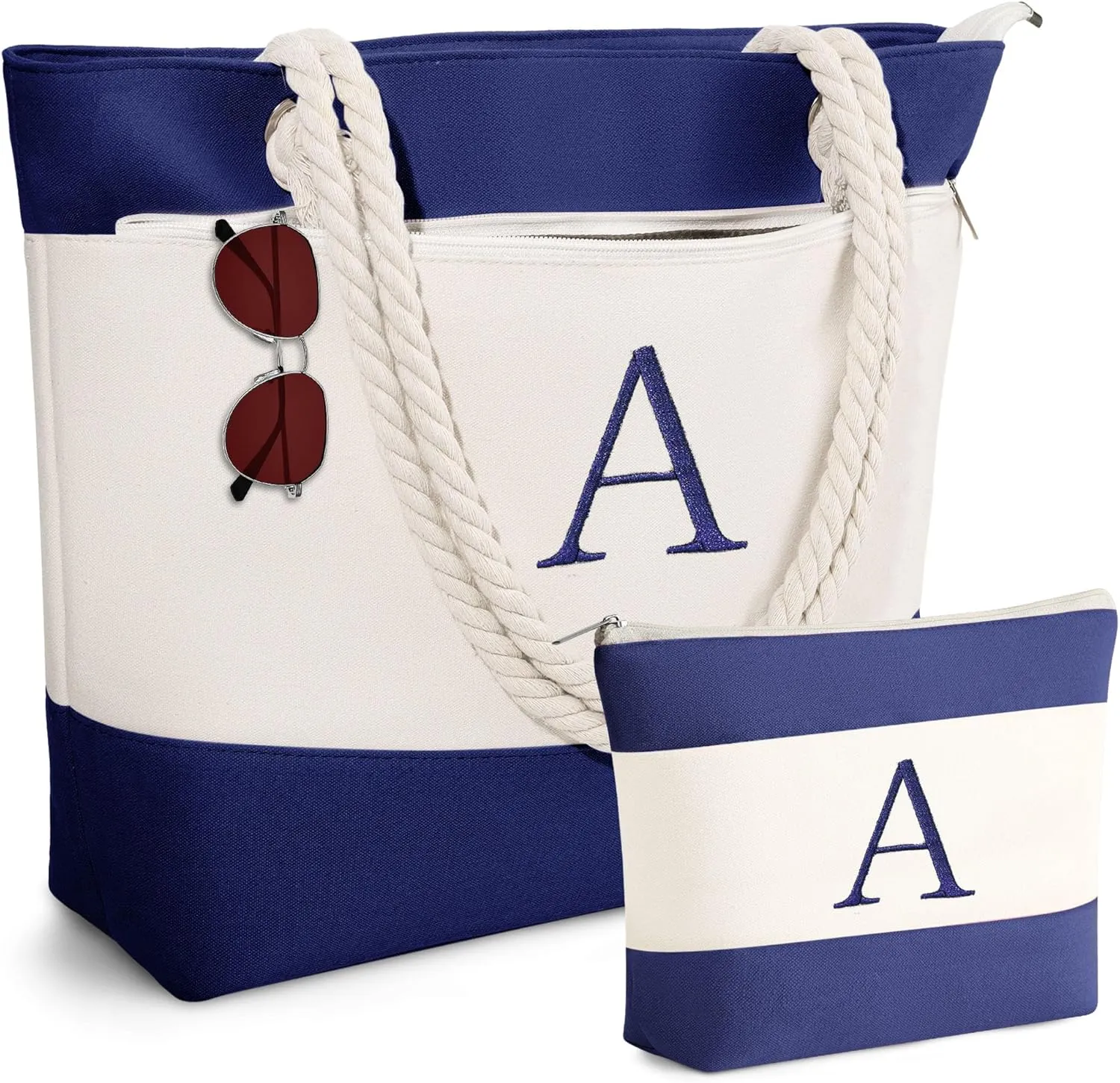 YOOLIFE Beach Bags for Women - Initial Canvas Tote Waterproof Bag with Makeup Bag Gifts for Women Mom Friend Birthday Her
