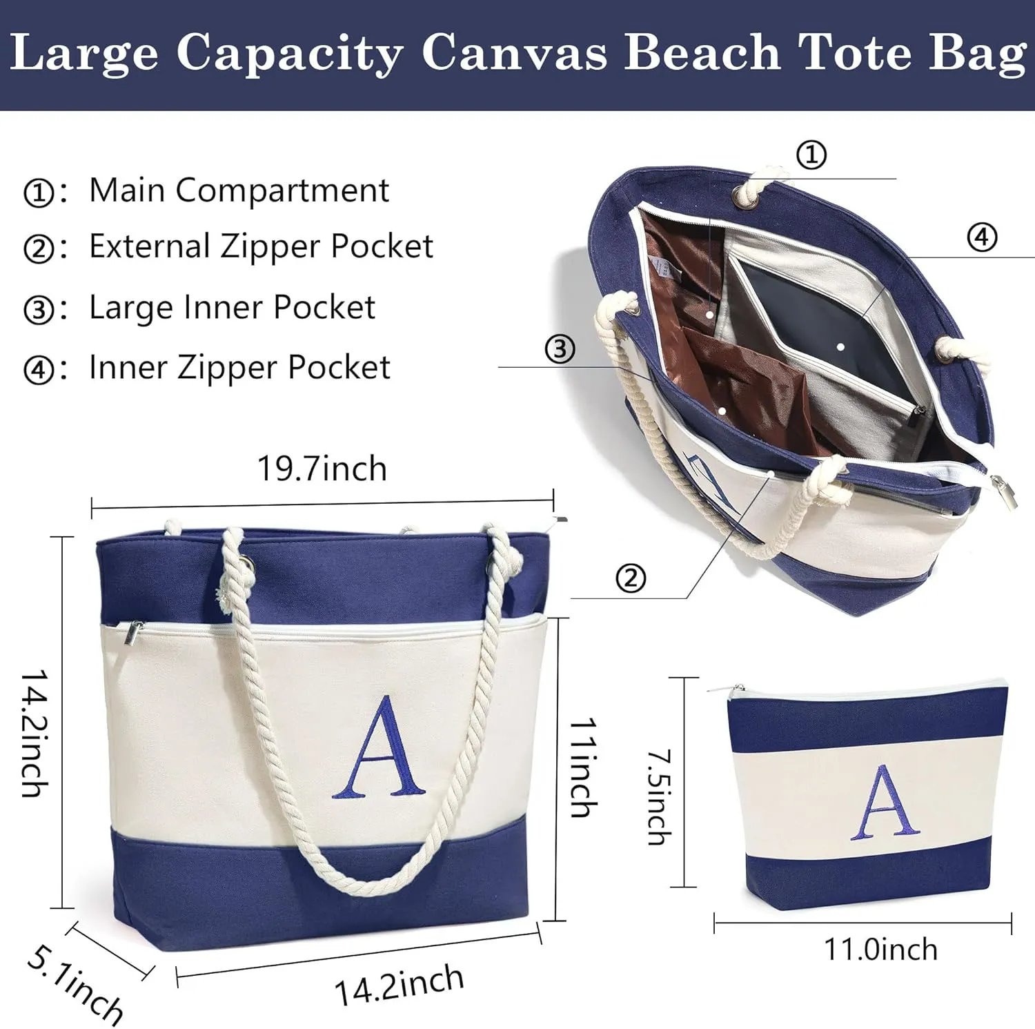 YOOLIFE Beach Bags for Women - Initial Canvas Tote Waterproof Bag with Makeup Bag Gifts for Women Mom Friend Birthday Her